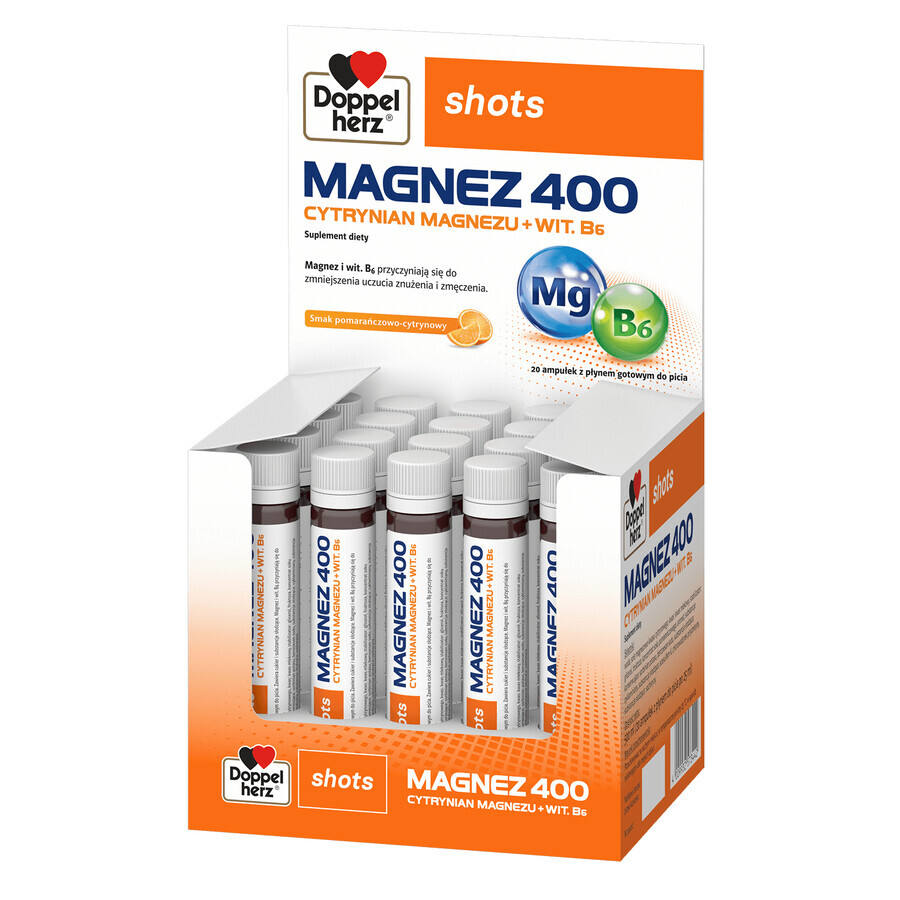 Doppelherz Shots Magnesium 400, flüssig, Orangen- und Zitronengeschmack, 25 ml x 20 Ampullen