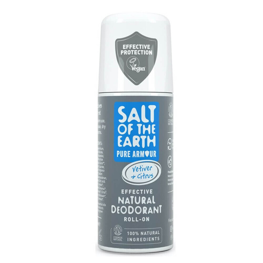 Salt Of The Earth Pure Armour Déodorant à bille pour hommes avec vétiver et agrumes, 75 ml, Crystal Spring