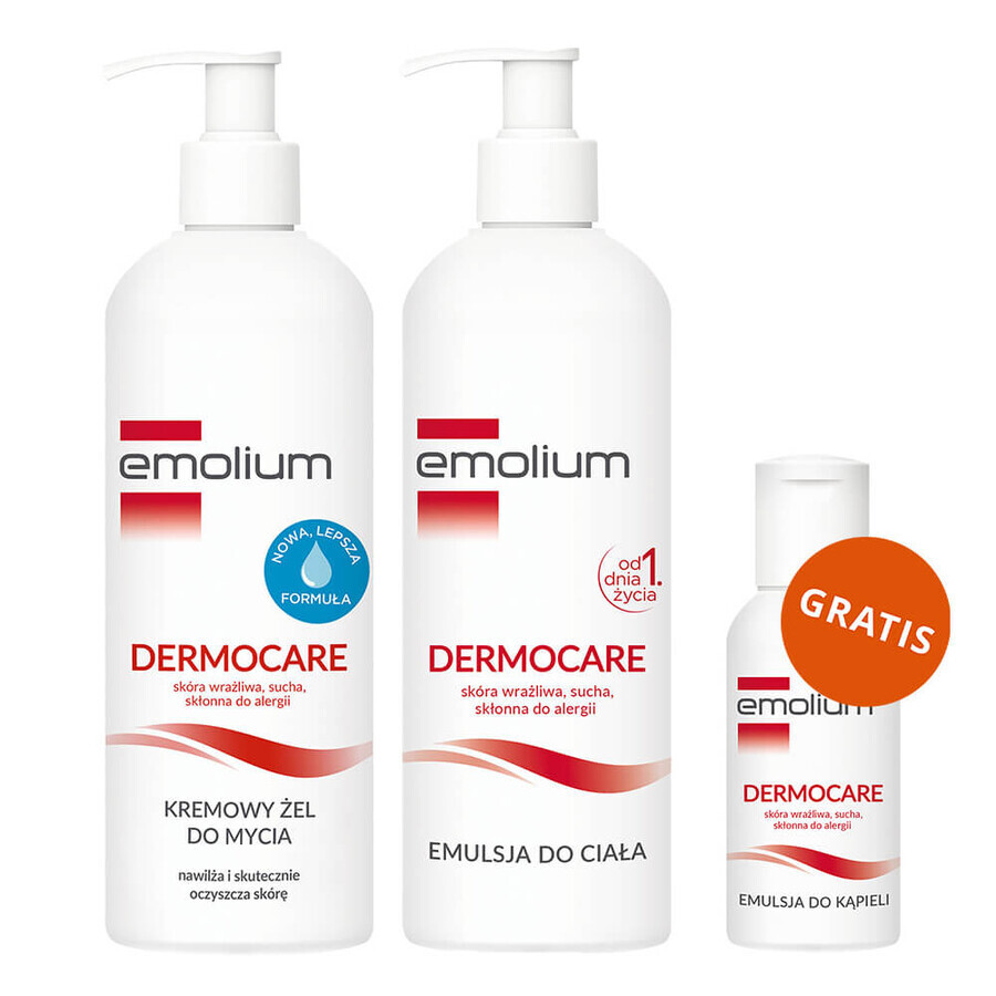 Set Emolium Dermocare, emulsión corporal, 400 ml + gel limpiador cremoso, 400 ml + emulsión de baño, 50 ml gratis