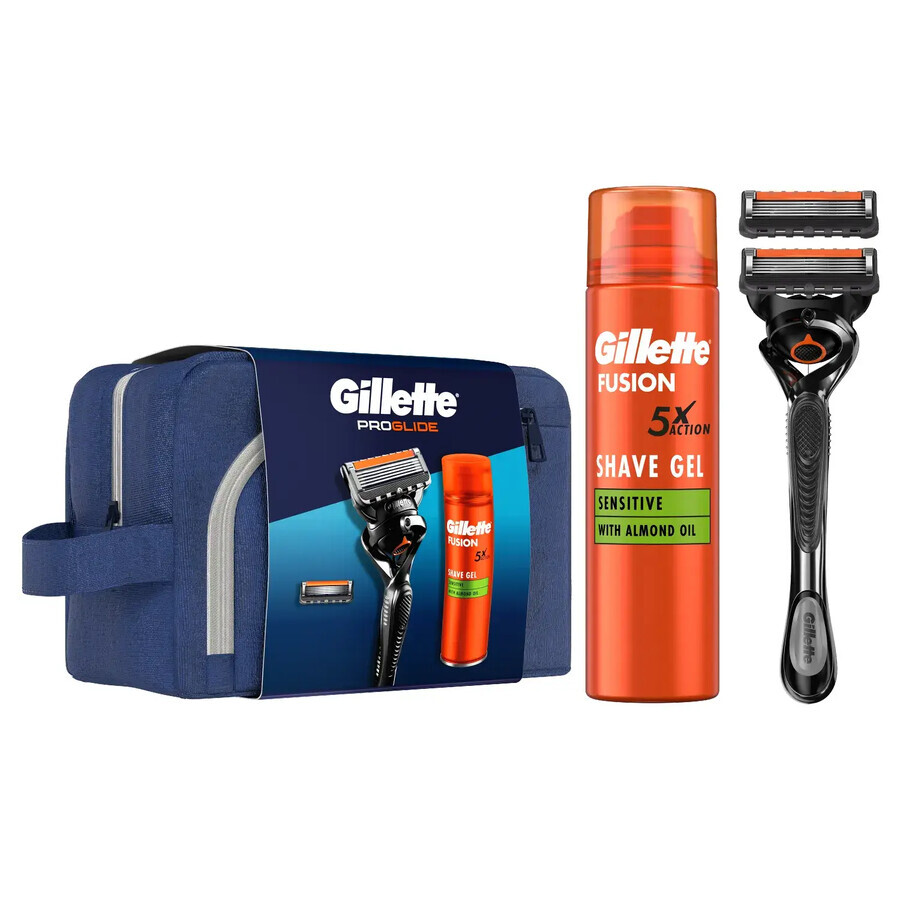 Set Gillette Proglide, maquinilla de afeitar, 1 pieza + cuchilla, 1 pieza + gel de afeitar, 200 ml + neceser, 1 pieza