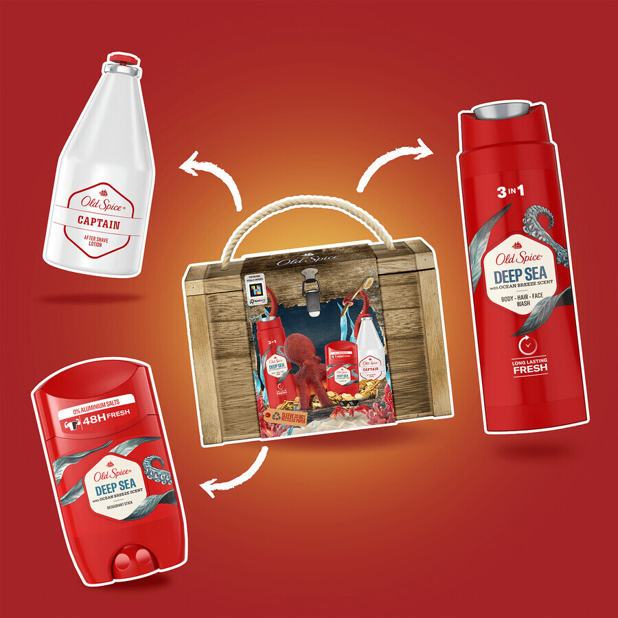 Set Old Spice Treasure Chest, deodorante, stick, Deep Sea, 50 ml + gel doccia, Deep Sea, 250 ml + dopobarba, Captain, 100 ml + scatola