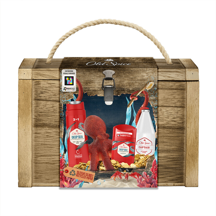 Set Old Spice Treasure Chest, deodorante, stick, Deep Sea, 50 ml + gel doccia, Deep Sea, 250 ml + dopobarba, Captain, 100 ml + scatola