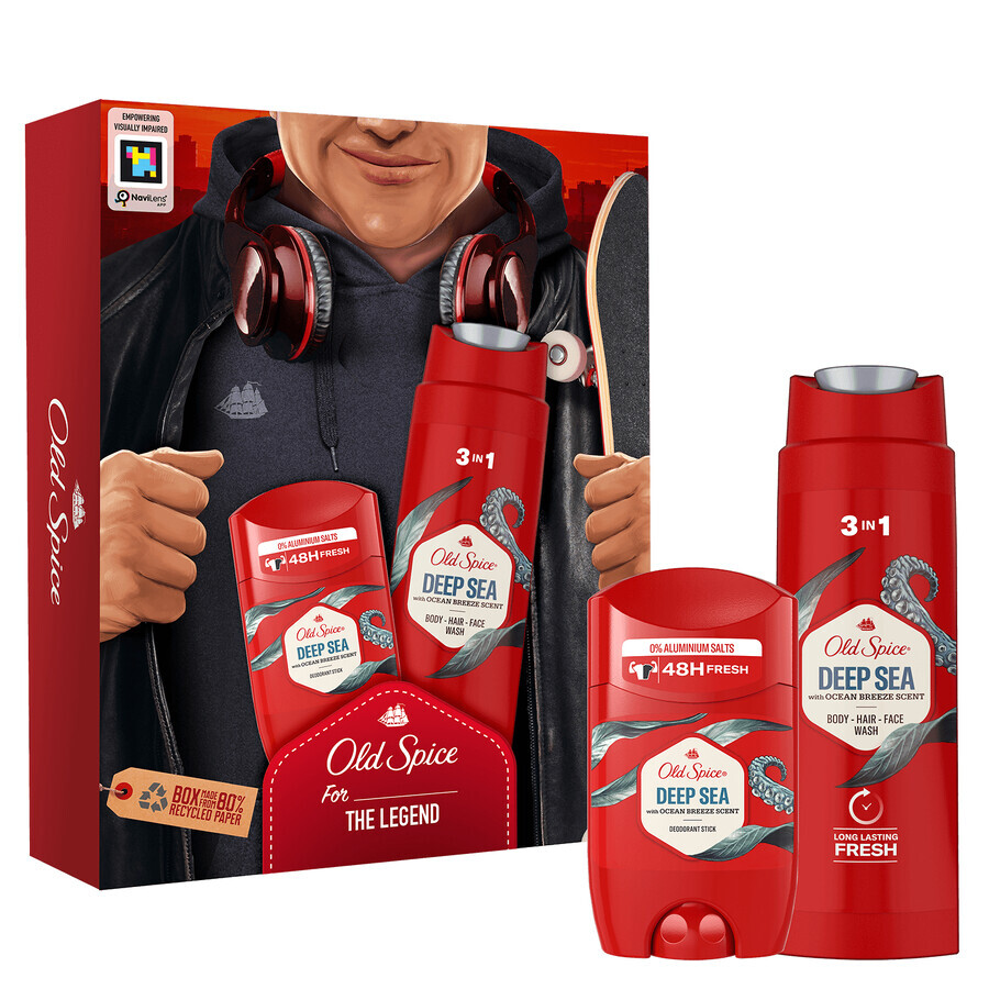 Set Old Spice Footballer, desodorante en barra, Deep Sea, 50 ml + gel de ducha 3 en 1, Deep Sea, 250 ml