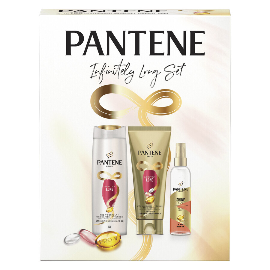 Pantene Infinite Box Set, Champú fortalecedor, 400 ml + Suero fortalecedor sin aclarado, 200 ml + Spray voluminizador, 150 ml