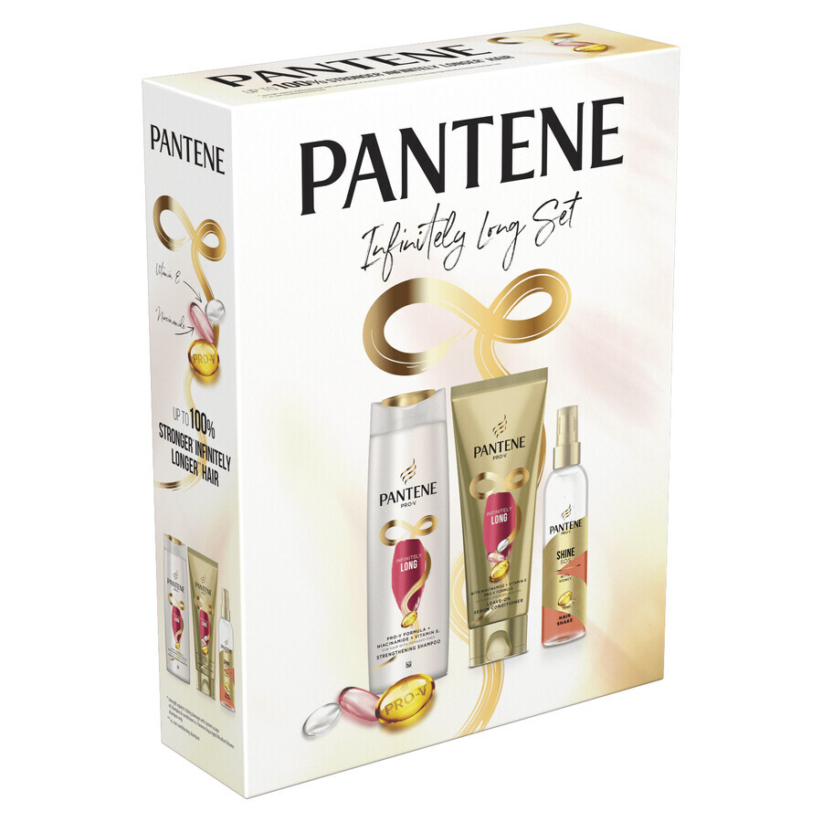 Pantene Infinite Box Set, Champú fortalecedor, 400 ml + Suero fortalecedor sin aclarado, 200 ml + Spray voluminizador, 150 ml