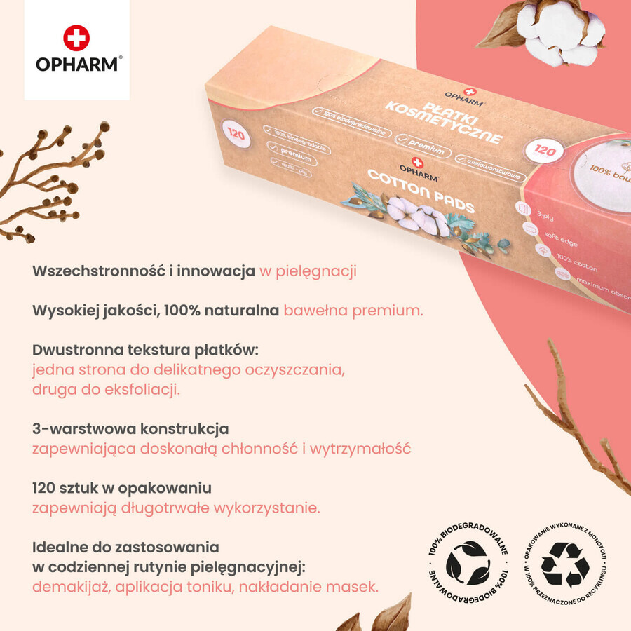 Opharm, biologisch afbreekbare cosmetische pads, rond, 120 stuks