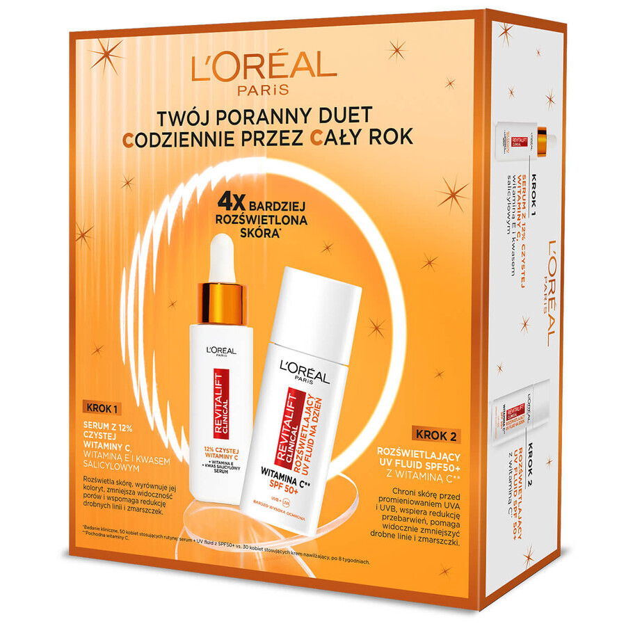 L'Oreal Revitalift Clinical Kit, aufhellendes Gesichtsserum, 12% reines Vitamin C, 30 ml + aufhellendes Fluid, SPF 50+, 50 ml