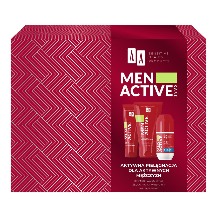 Set AA Men Active Care Programma Active Care, crema viso, SPF 30, 50 ml + gel lavante viso, 150 ml + roll on antitraspirante, Fresh, 50 ml