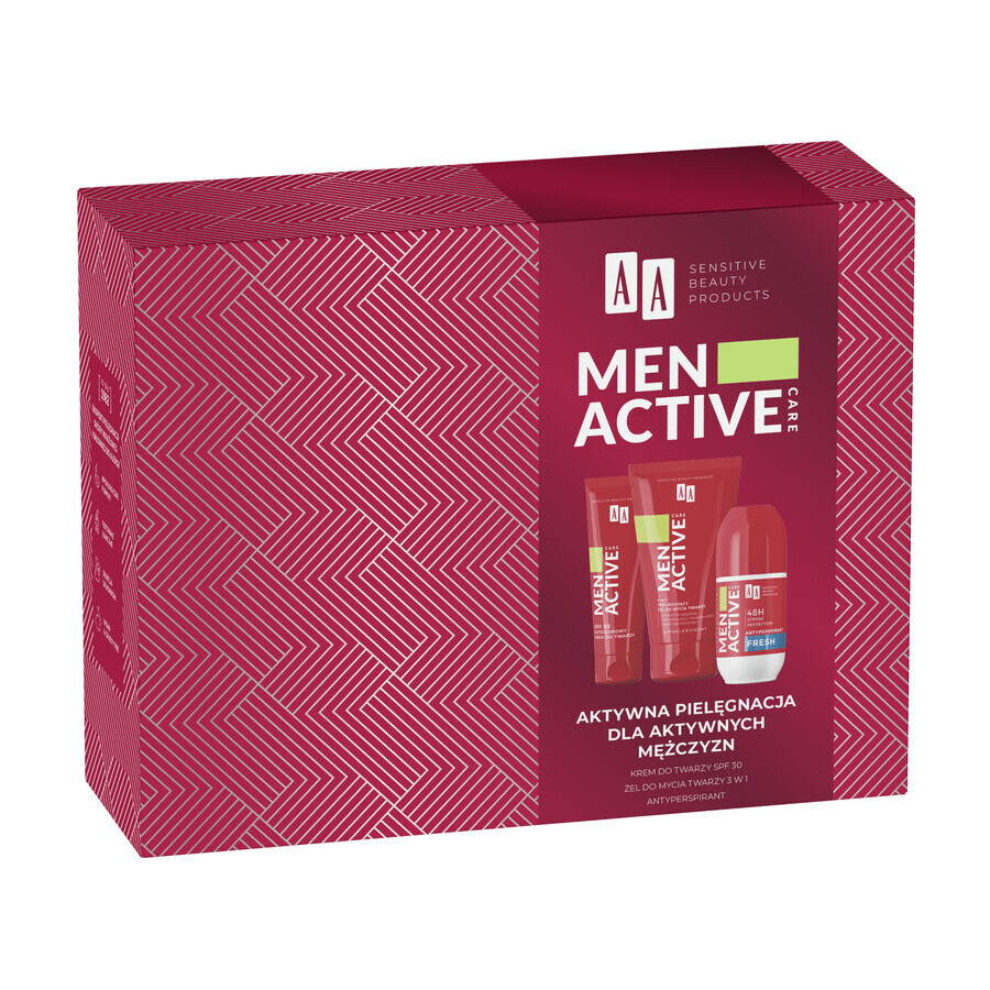 Set AA Men Active Care Programma Active Care, crema viso, SPF 30, 50 ml + gel lavante viso, 150 ml + roll on antitraspirante, Fresh, 50 ml