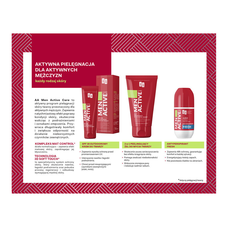 Set AA Men Active Care Programma Active Care, crema viso, SPF 30, 50 ml + gel lavante viso, 150 ml + roll on antitraspirante, Fresh, 50 ml