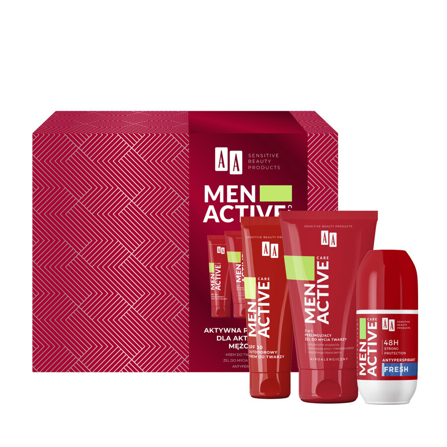 Set AA Men Active Care Programma Active Care, crema viso, SPF 30, 50 ml + gel lavante viso, 150 ml + roll on antitraspirante, Fresh, 50 ml