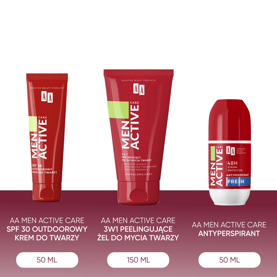 Set AA Men Active Care Programma Active Care, crema viso, SPF 30, 50 ml + gel lavante viso, 150 ml + roll on antitraspirante, Fresh, 50 ml