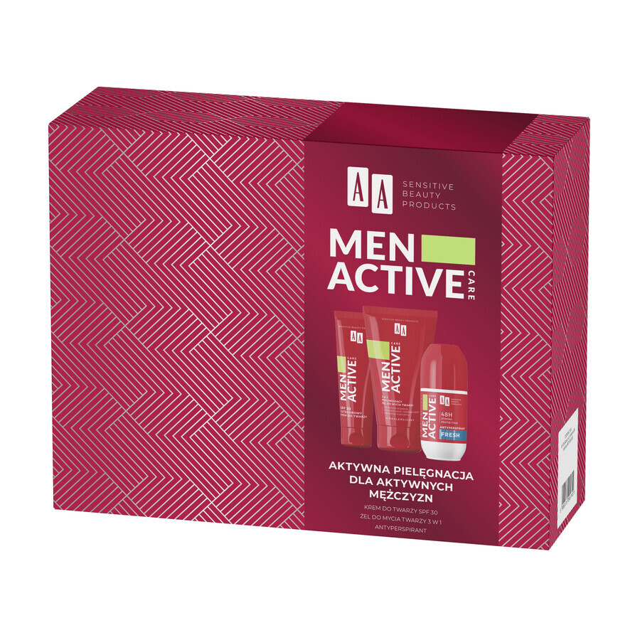 Set AA Men Active Care Programma Active Care, crema viso, SPF 30, 50 ml + gel lavante viso, 150 ml + roll on antitraspirante, Fresh, 50 ml