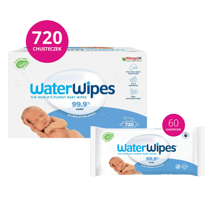 WaterWipes Bio, vochtige doekjes, water, vanaf de geboorte, 12 x 60 st.