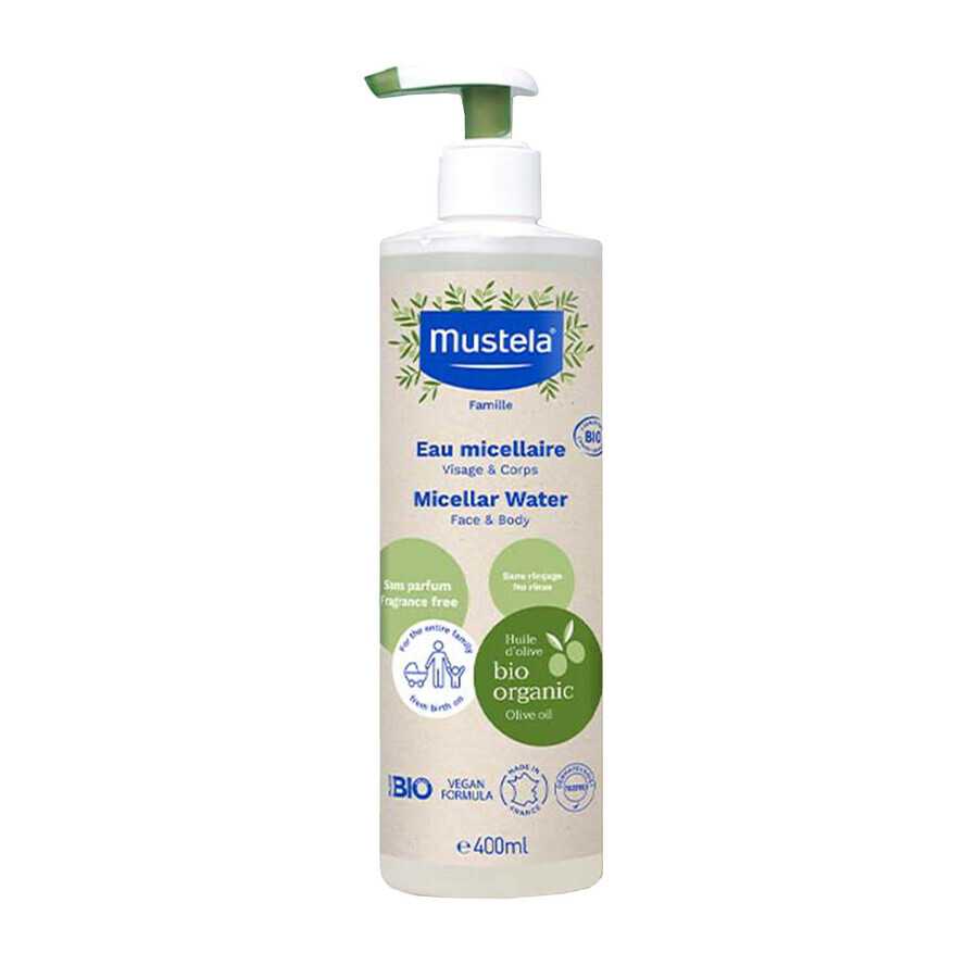 Mustela Bio set, micellair water, niet spoelen, 400 ml + luiercrème, 75 ml + bamboe luier, Safari, 1 gratis