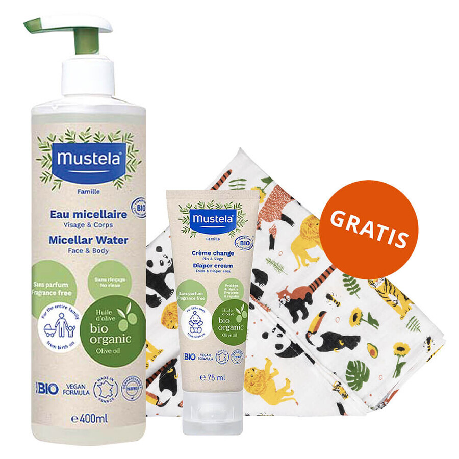 Mustela Bio set, micellair water, niet spoelen, 400 ml + luiercrème, 75 ml + bamboe luier, Safari, 1 gratis