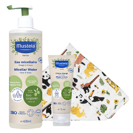 Mustela Bio set, micellair water, niet spoelen, 400 ml + luiercrème, 75 ml + bamboe luier, Safari, 1 gratis