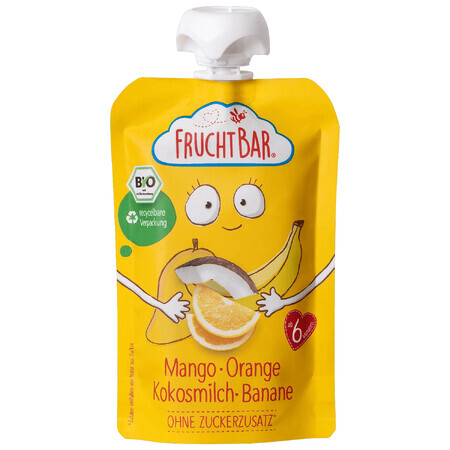 Fruchtbar Bio mousse de fructe într-un tub, mango, portocale, banane, lapte de cocos, după 6 luni, 100 g