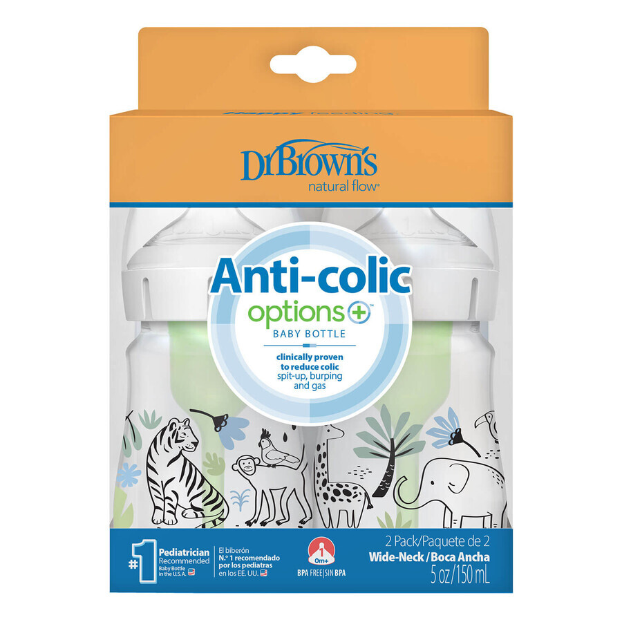 Dr Brown's Anti-colic Options+, biberon anti-colique, col large, jungle, 2 x 150 ml