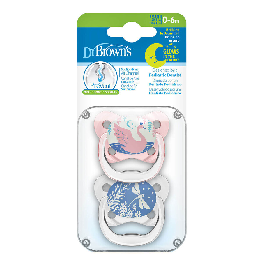 Dr Brown's PreVent Orthodontic Mannequin Glow In The Dark Pink 0-6 Months 2 Pack