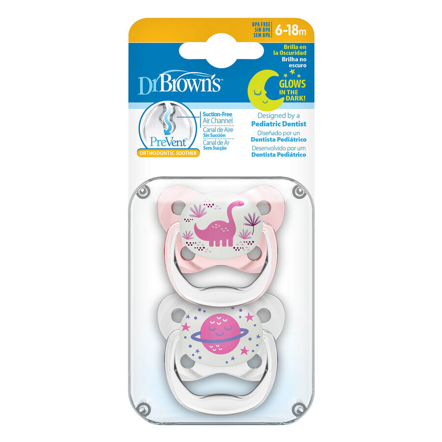 Dr Brown's PreVent, tétine, orthodontique, phosphorescente, rose, 6-18 mois, 2 pièces