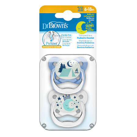 Dr Brown's PreVent, tétine, orthodontique, phosphorescente, bleue, 6-18 mois, 2 pièces