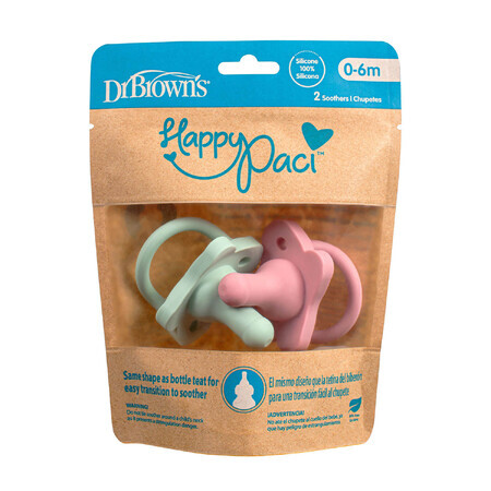 Dr Brown's Happy Paci, tétine de biberon en forme de tétine, silicone, rose/vert, 0-6 mois, 2 pièces