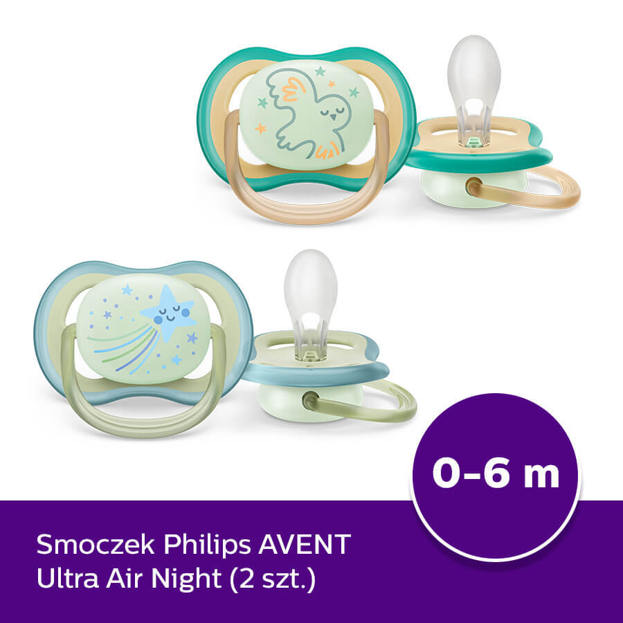 Avent Ultra Air Night, tétine, silicone, symétrique, phosphorescente, garçon, SCF376/18, 0-6 mois, 2 pièces