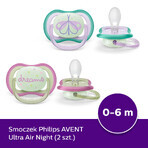 Avent Ultra Air Night, fopspeen, silicone, symmetrisch, glow-in-the-dark, meisje, SCF376/19, 0-6 maanden, 2 stuks