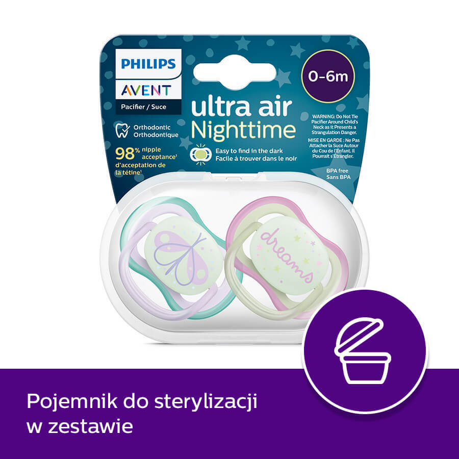 Avent Ultra Air Night, fopspeen, silicone, symmetrisch, glow-in-the-dark, meisje, SCF376/19, 0-6 maanden, 2 stuks