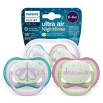 Avent Ultra Air Night, fopspeen, silicone, symmetrisch, glow-in-the-dark, meisje, SCF376/19, 0-6 maanden, 2 stuks