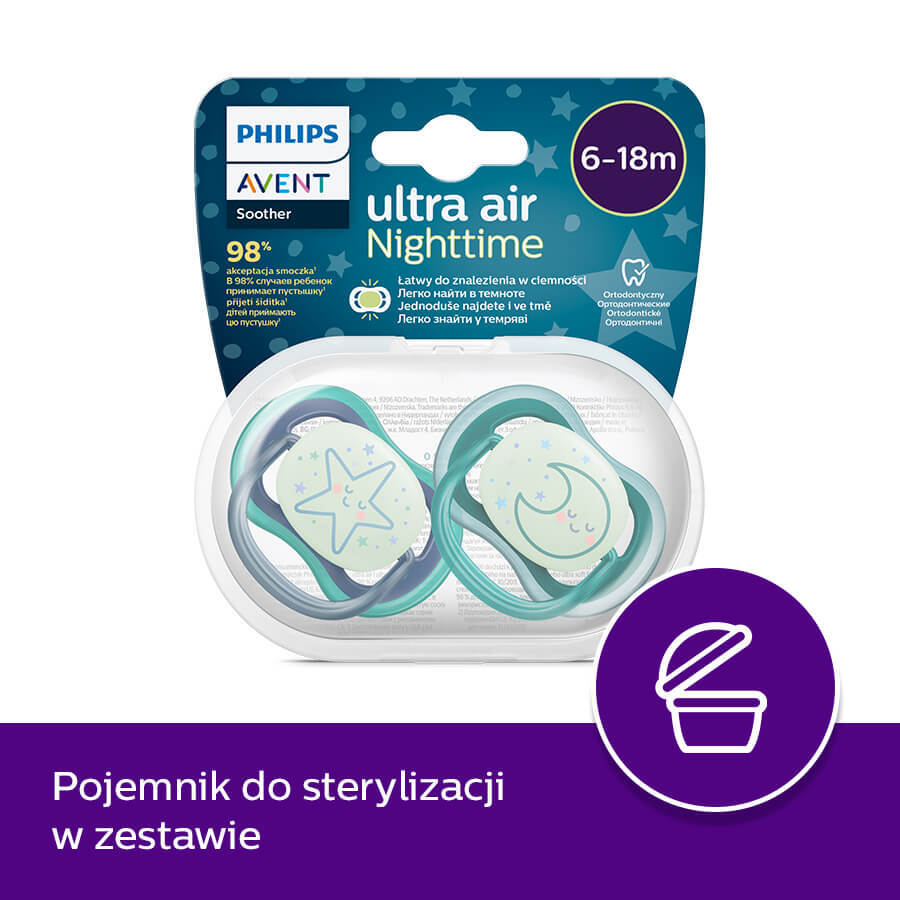 Avent Ultra Air Nighttime, fopspeen, silicone, symmetrisch, glow-in-the-dark, jongen, SCF376/13, 6-18 maanden, 2 stuks