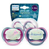 Avent Ultra Air Nighttime, fopspeen, silicone, symmetrisch, glow-in-the-dark, meisje, SCF376/14, 6-18 maanden, 2 stuks