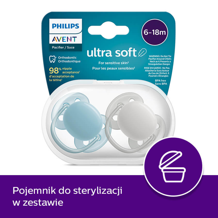 Avent Ultra Soft, fopspeen, siliconen, symmetrisch, jongen, SCF091/17, 6-18 maanden, 2 stuks