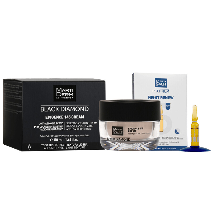 Set mit kostenloser MartiDerm Black Diamond Epigence 145 Creme, Tagescreme, 50 ml + Platinum Night Renew, Nacht-Booster, 2 ml x 5 Ampullen