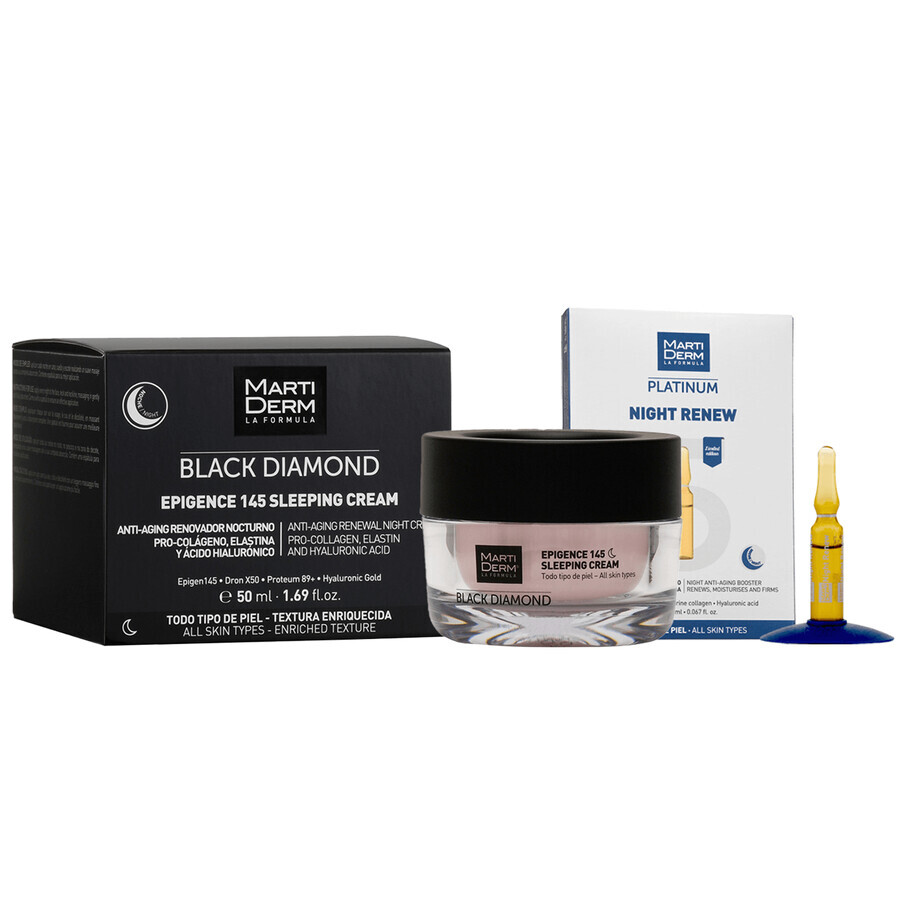 Set met gratis MartiDerm Black Diamond Epigence 145 Slaapcrème, nachtcrème, 50 ml + Platinum Night Renew, nachtbooster, 2 ml x 5 ampullen