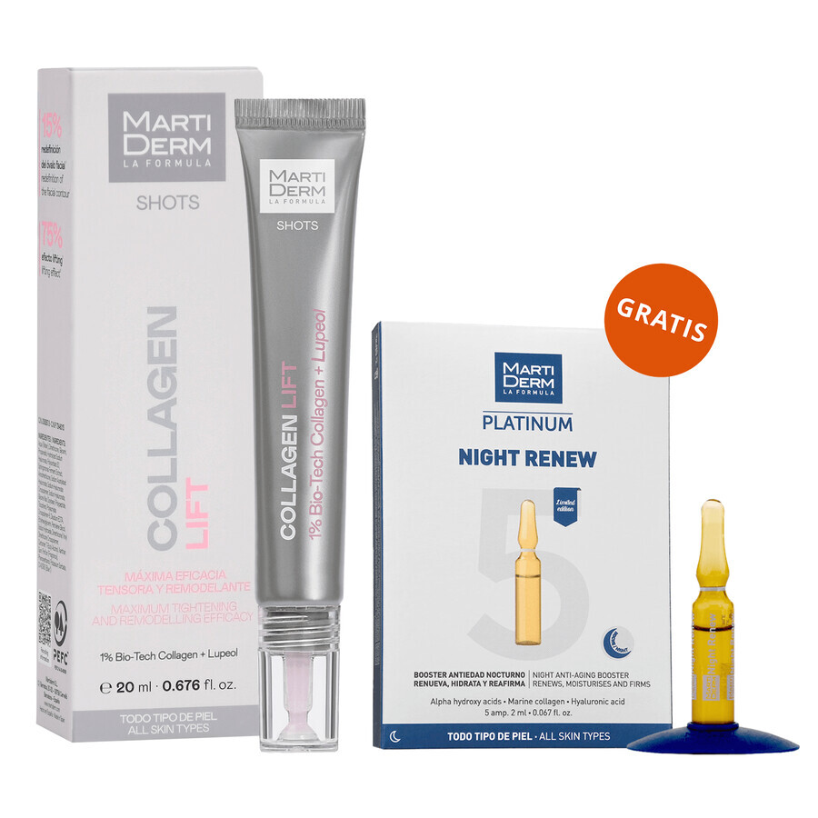 Set met gratis MartiDerm Shots Collagen Lift, gezichtsserum, 20 ml + Platinum Night Renew, nachtbooster, 2 ml x 5 ampullen