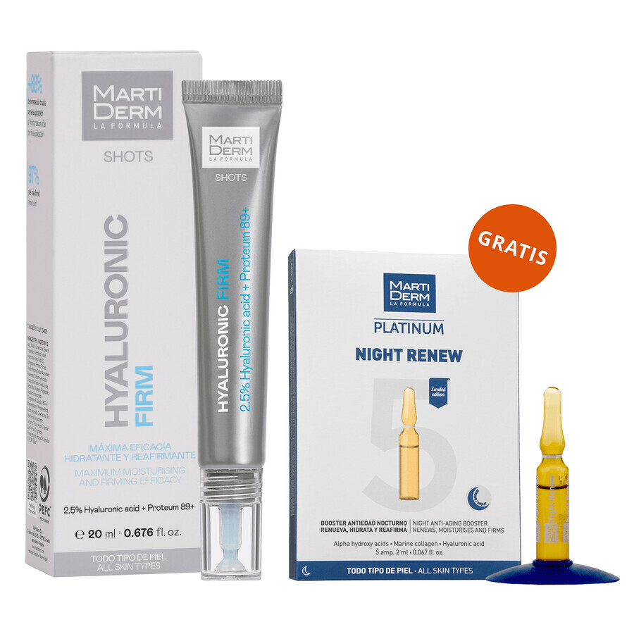 Set met gratis MartiDerm Shots Hyaluron Filler, gezichtsserum, 20 ml + Platinum Night Renew, nachtbooster, 2 ml x 5 ampullen