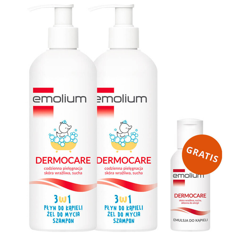 Emolium Dermocare 3-in-1 set, badlotion, wasgel en shampoo, na 1 maand, 2 x 400 ml + bademulsie, 50 ml gratis