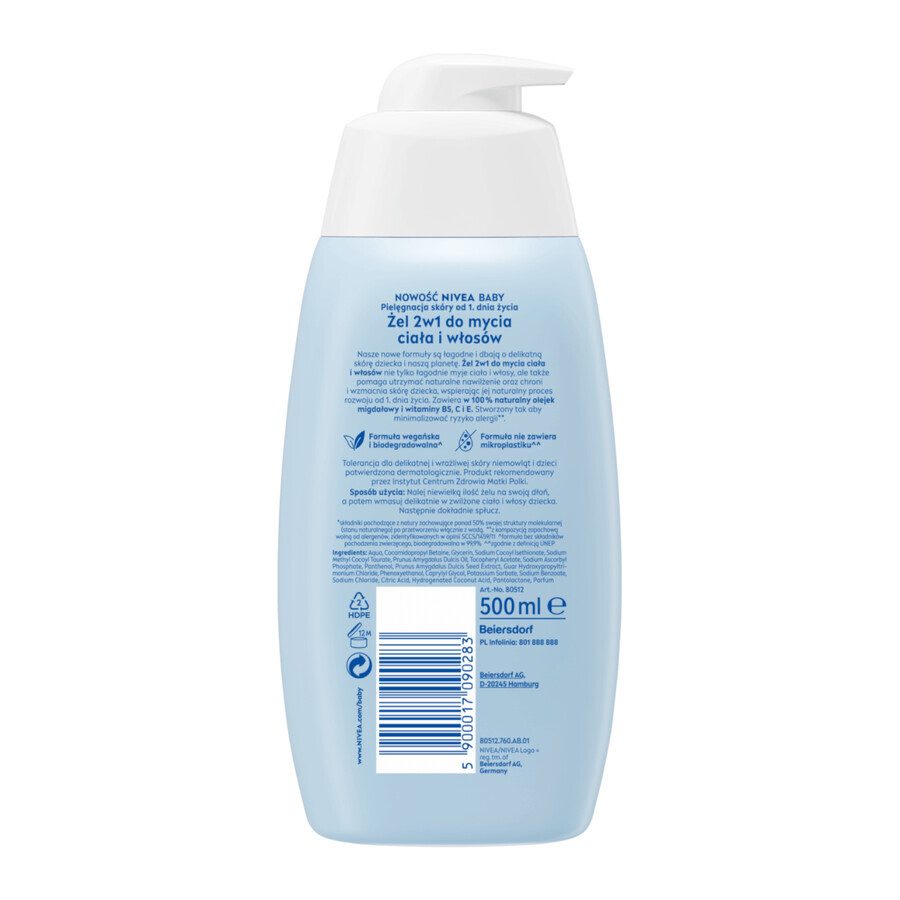 Nivea Baby, 2 in 1 cleansing gel for body and hair, from the first day, 500 ml