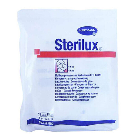 Sterilux, sterile gauze pads, 17 threads, 12 layers, 10 cm x 10 cm, 3 pcs.