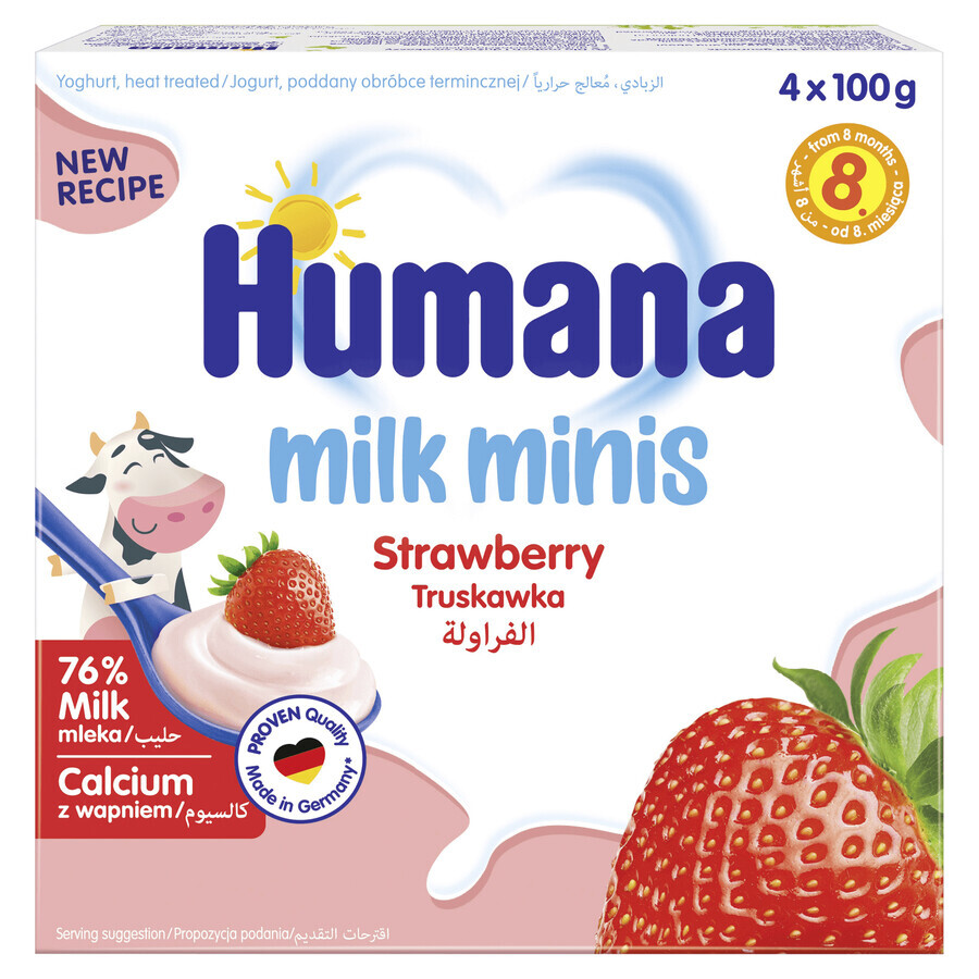 Humana Milk Minis Yoghurtdessert met aardbeiensmaak, na 8 maanden, 4 x 100 g