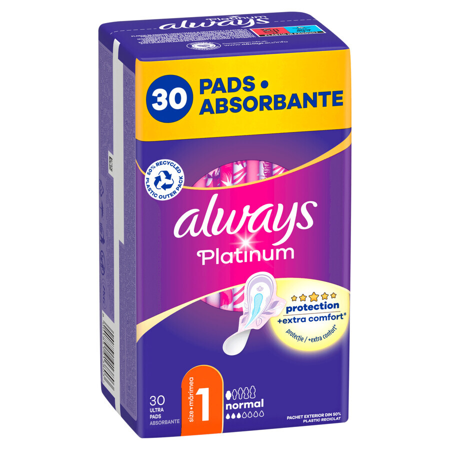 Always Platinum, șervețele sanitare cu aripi, mărimea 1, Normal, 30 buc