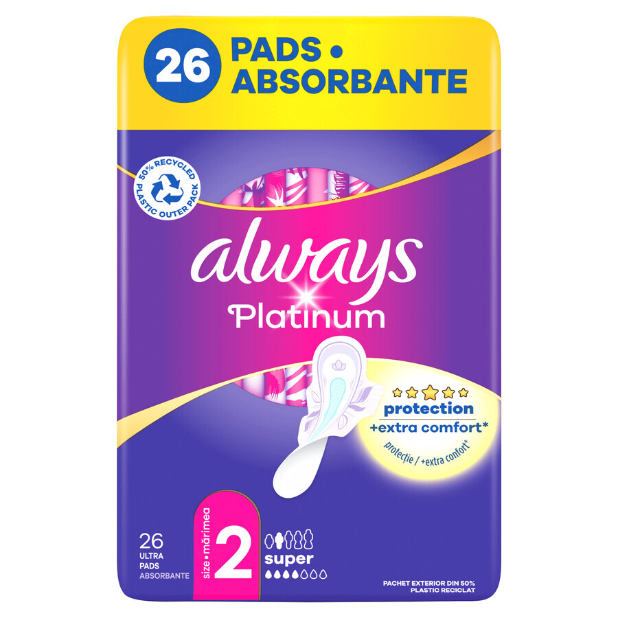 Always Platinum, serviettes hygiéniques avec ailettes, taille 2, Super, 26 pièces