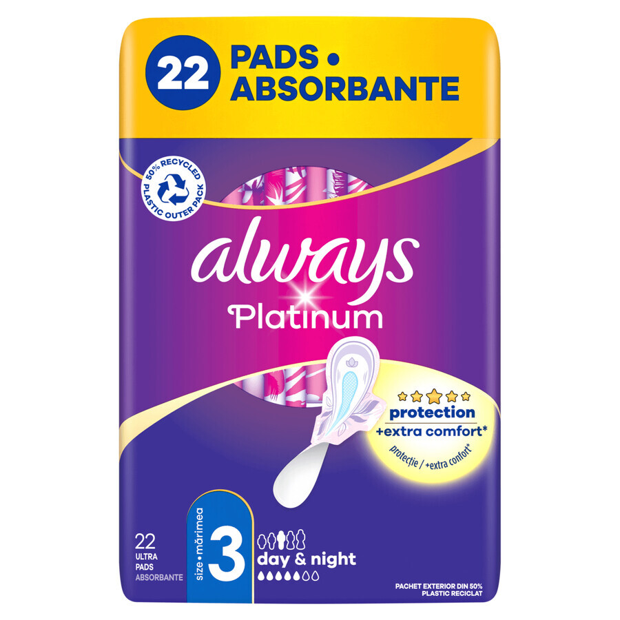 Always Platinum, Damenbinden mit Flügeln, Größe 3, Day &amp; Night, 22 Stück