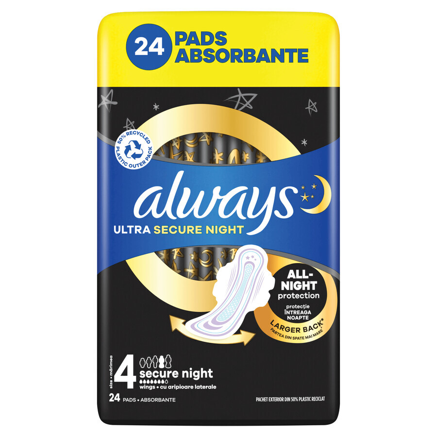 Always Ultra, serviettes hygiéniques avec ailettes, taille 4, Secure Night, 24 pièces