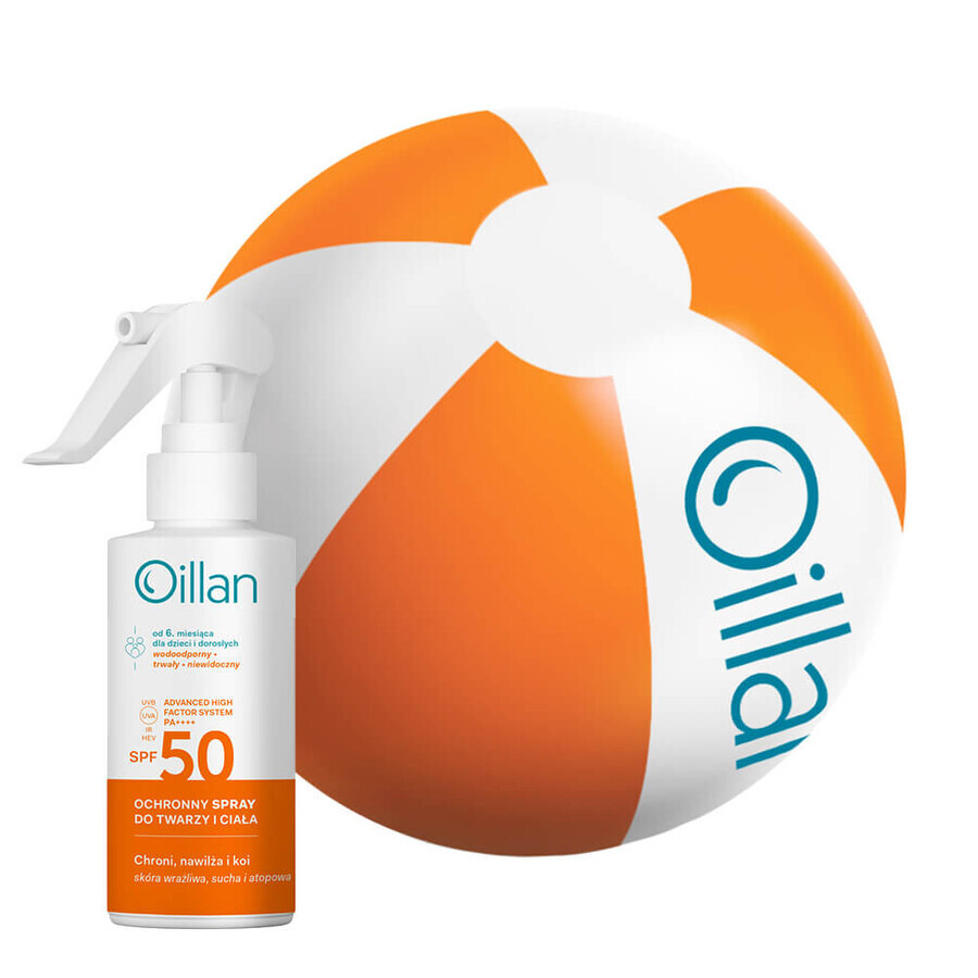 Oillan Sun, spray de protecție pentru față și corp, SPF 50, 125 ml + minge de plajă gratuită