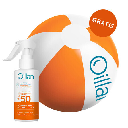 Oillan Sun, spray de protecție pentru față și corp, SPF 50, 125 ml + minge de plajă gratuită