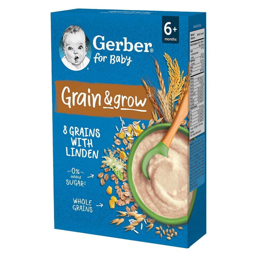 Gerber Grain &amp; Grow pap 8 granen met limoen, zuivelvrij, zonder toegevoegde suiker, na 6 maanden, 200 g