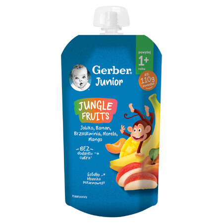 Gerber Junior Toetje in een tube, appel, banaan, perzik, abrikoos, mango, zonder toegevoegde suiker, na 1 jaar, 110 g